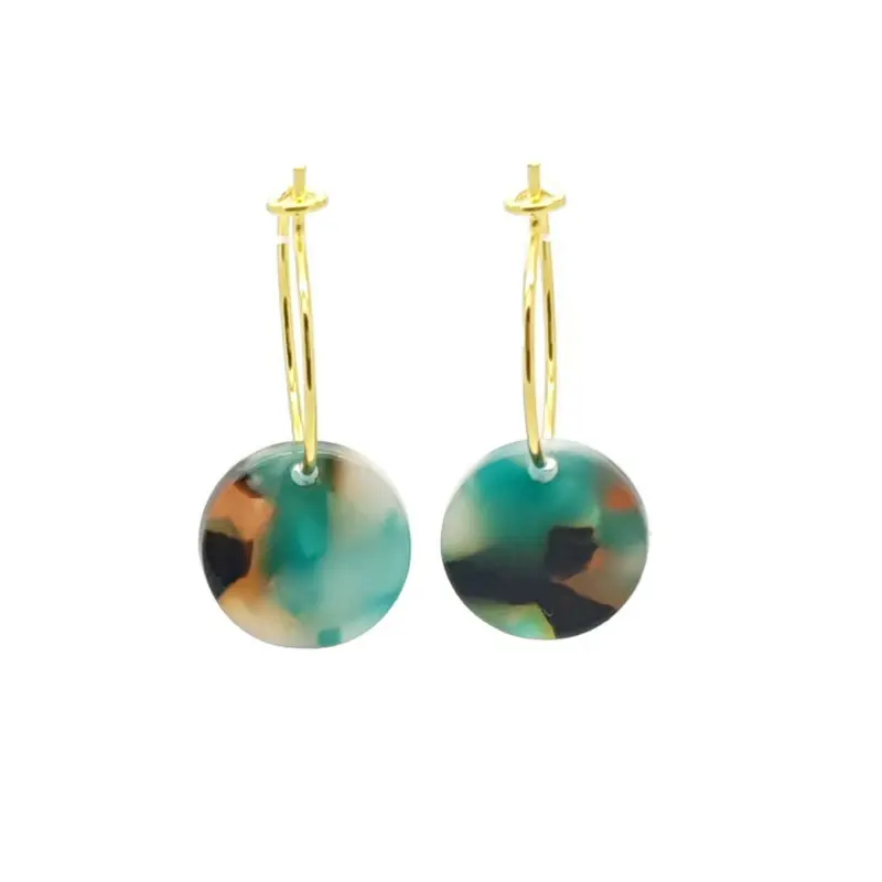Oorbellen RVS - Rond turquoise bruin goud
