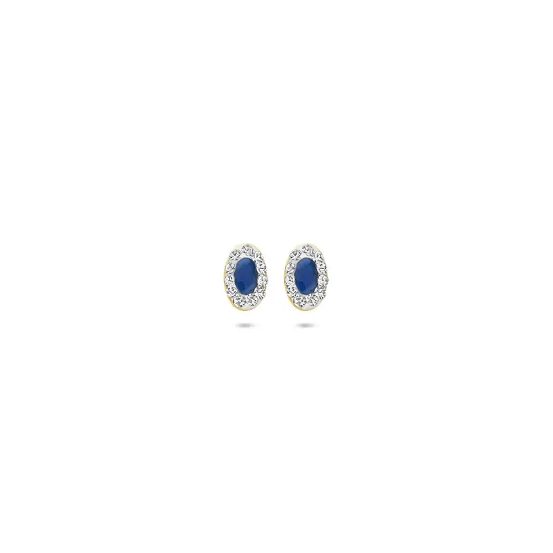 Oorbellen synth. swarovski en saffier 5,5 mm 14K geelgoud