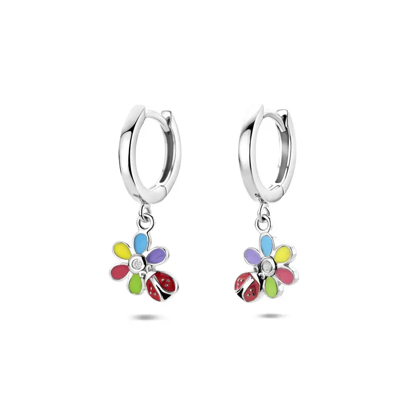 Oorbellen zirkonia emaille bloem en lieveheersbeestje 22 mm zilver