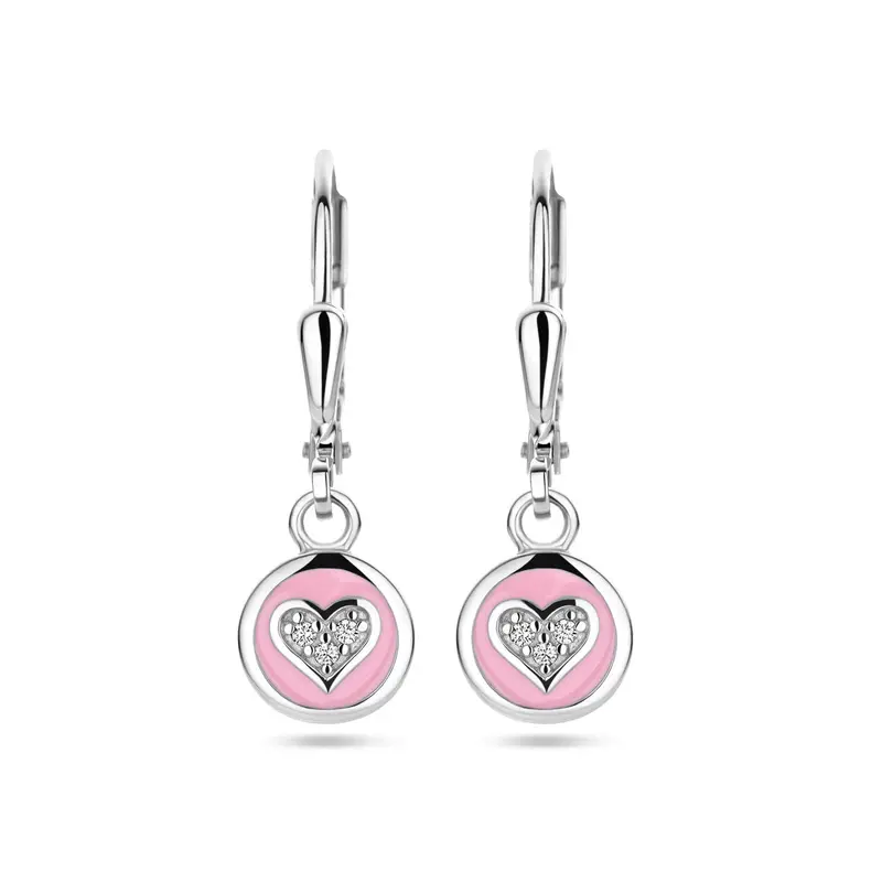 oorhangers hart zirkonia en roze emaille brisur haak zilver gerhodineerd