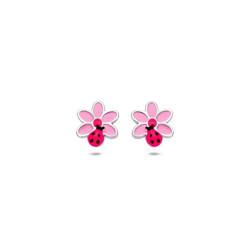 Oorknoppen bloem en lieveheersbeestje zilver gerhodineerd 7,5 mm