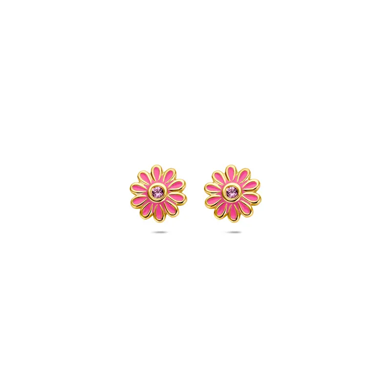 Oorknoppen emaille bloem roze zirkonia zilver verguld 7 mm 1 micron – 2104370