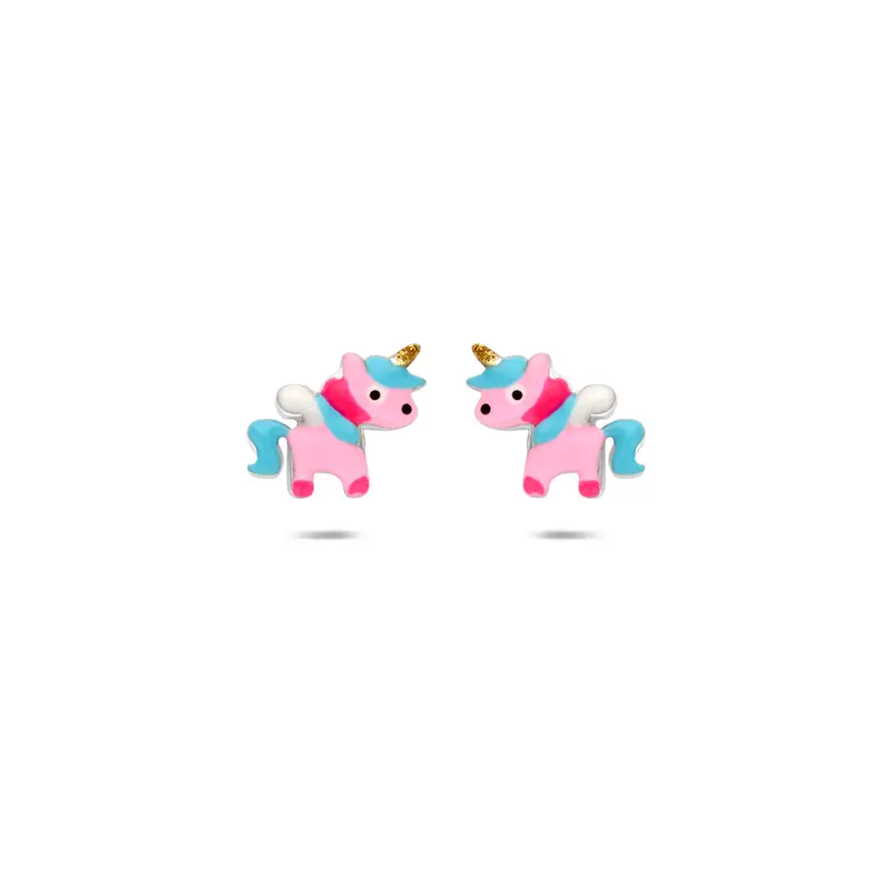 Oorknoppen emaille eenhoorn zilver gerhodineerd 7,5 mm