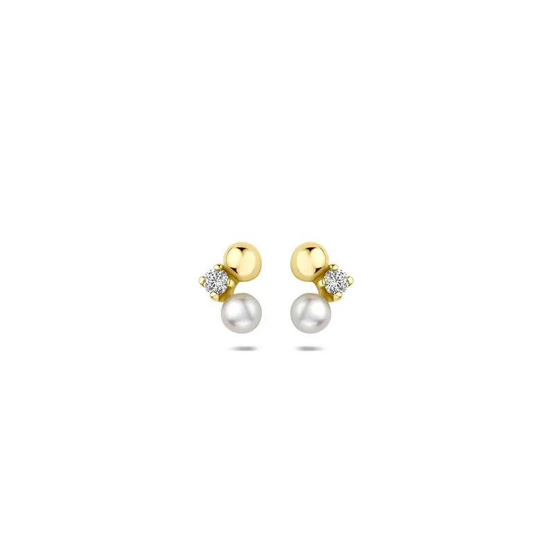 Oorknoppen parel en zirkonia 9K geelgoud 7 mm