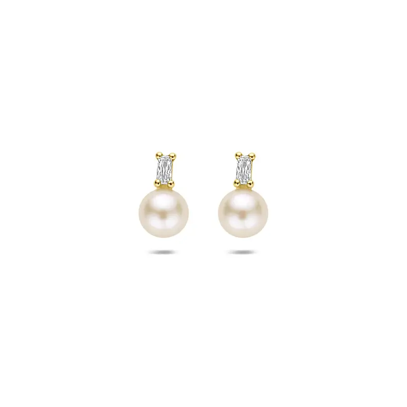 Oorknoppen parel en zirkonia 9K geelgoud 9 mm
