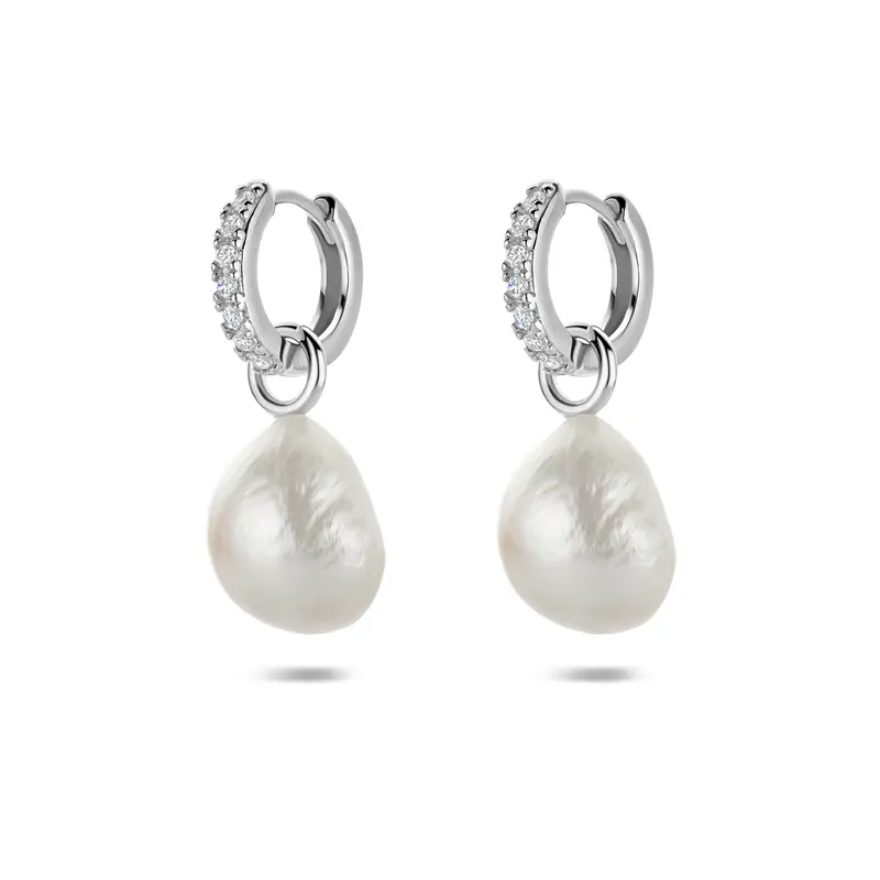 Oorringen parel en zirkonia zilver gerhodineerd 25 mm