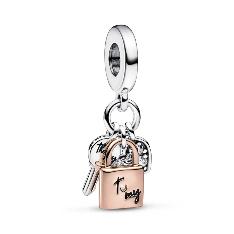 Pandora Drievoudige Sleutel, Hangslot & Bicolor Hart Bedel zilver en roségoudverguld 782506C01