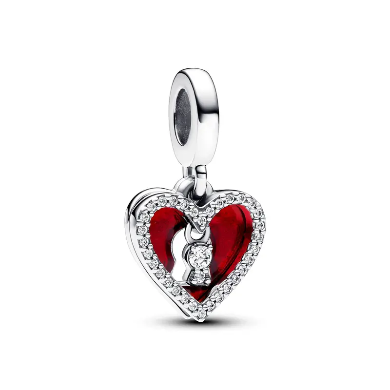 Pandora Dubbele hangende bedel rood hart & sleutelgat zilver 793119C01