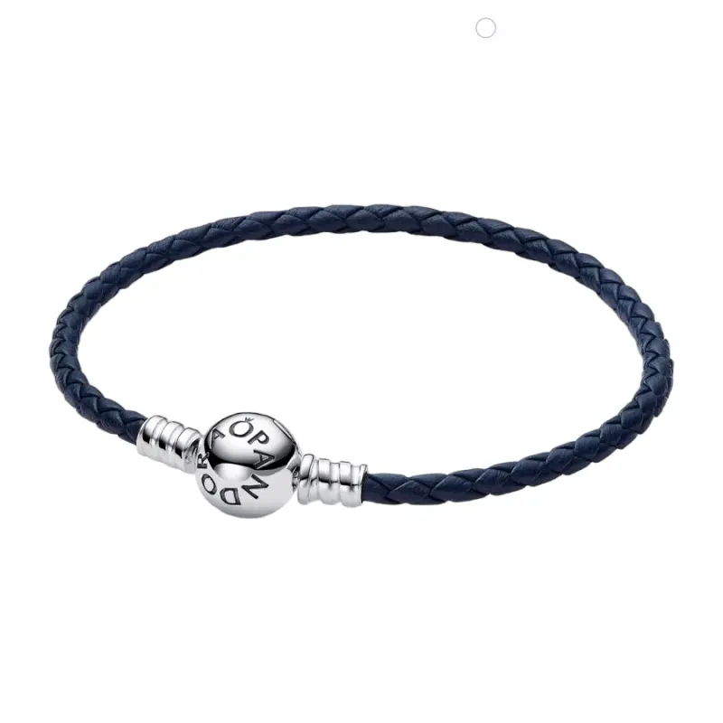 Pandora Moments Blauwe Gevlochten Leren Armband met Ronde Sluiting zilver 592790C01