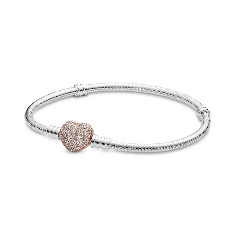 Pandora Moments Pavé Hart Sluiting Slangen Schakelarmband bicolor zilver en roségoudverguld 586292CZ