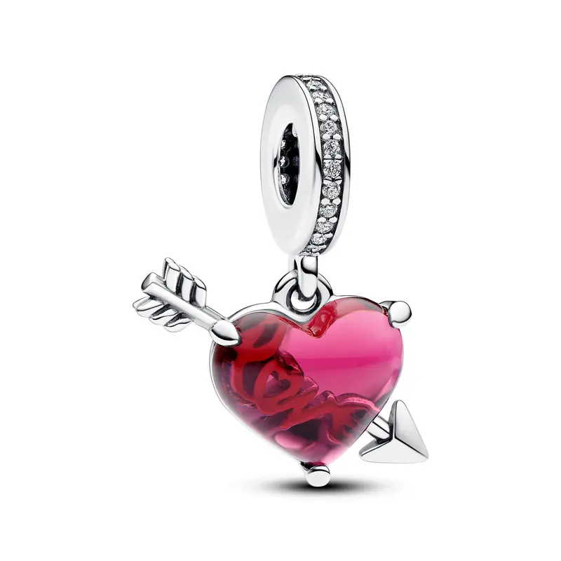 Pandora Rood hart & pijl muranoglazen hangende bedel zilver 793085C01