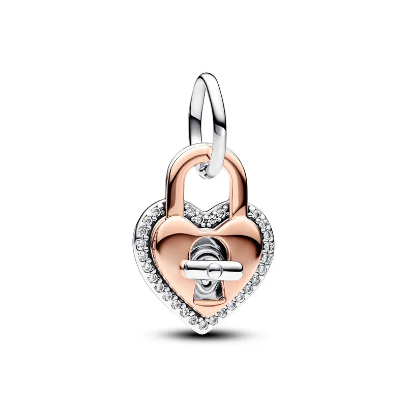 Pandora Tweekleurige draaibare dubbele hangende bedel hartvormig hangslot bicolor zilver en roségoudverguld 783079C01
