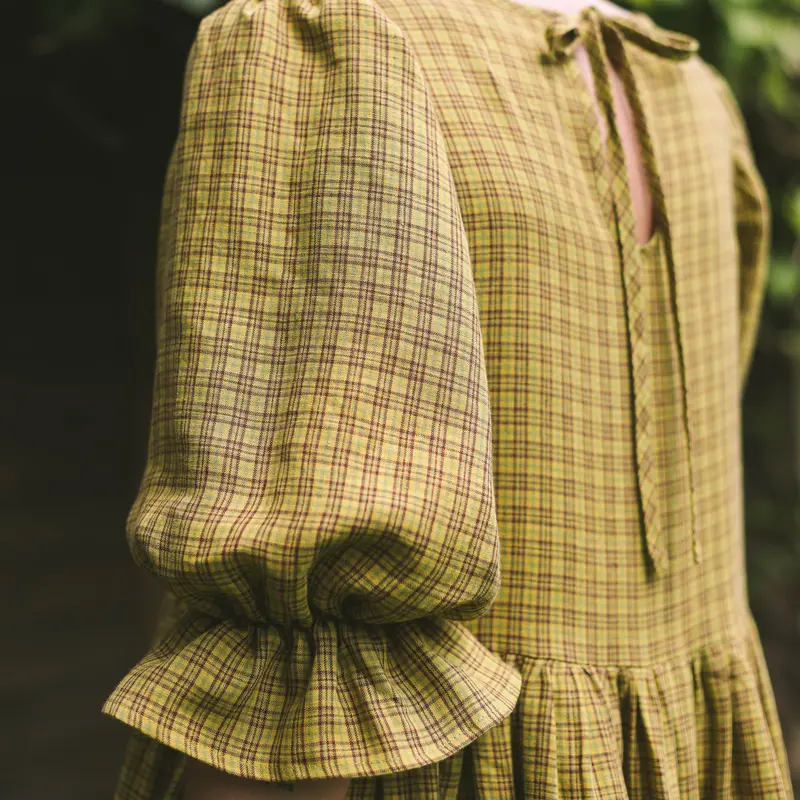 Puffy sleeves oversized checkered linen dress Nina
