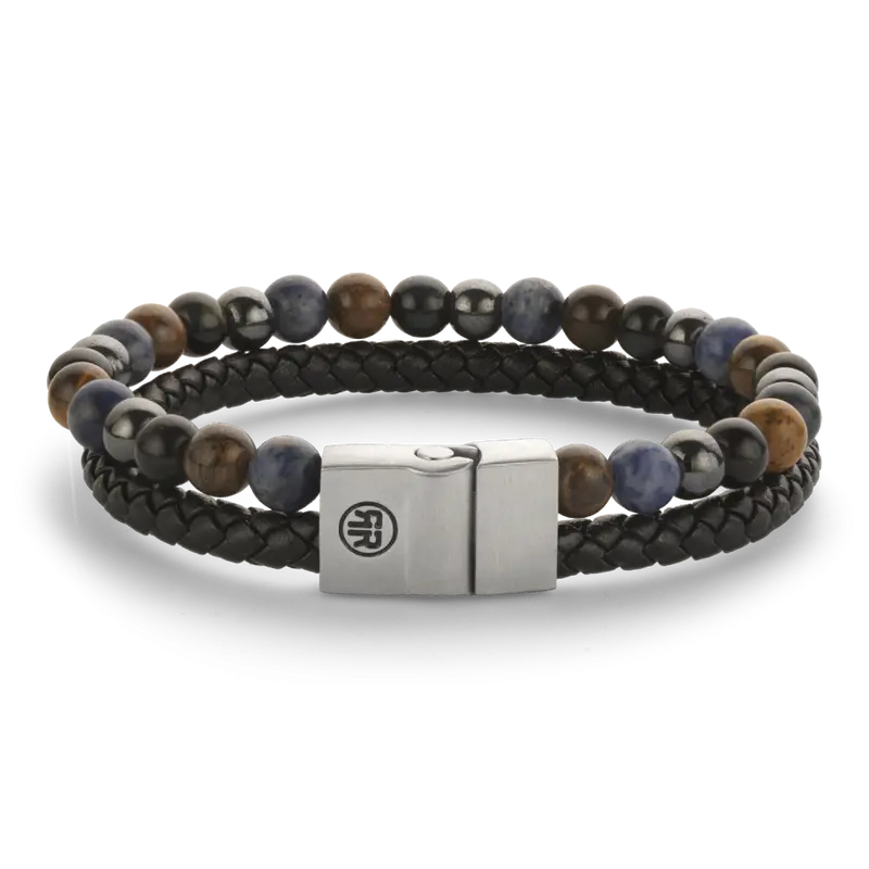 Rebel & Rose Full Metal Leather 12mm Armband RR-M0070-S – Blauw/Bruin/Grijs