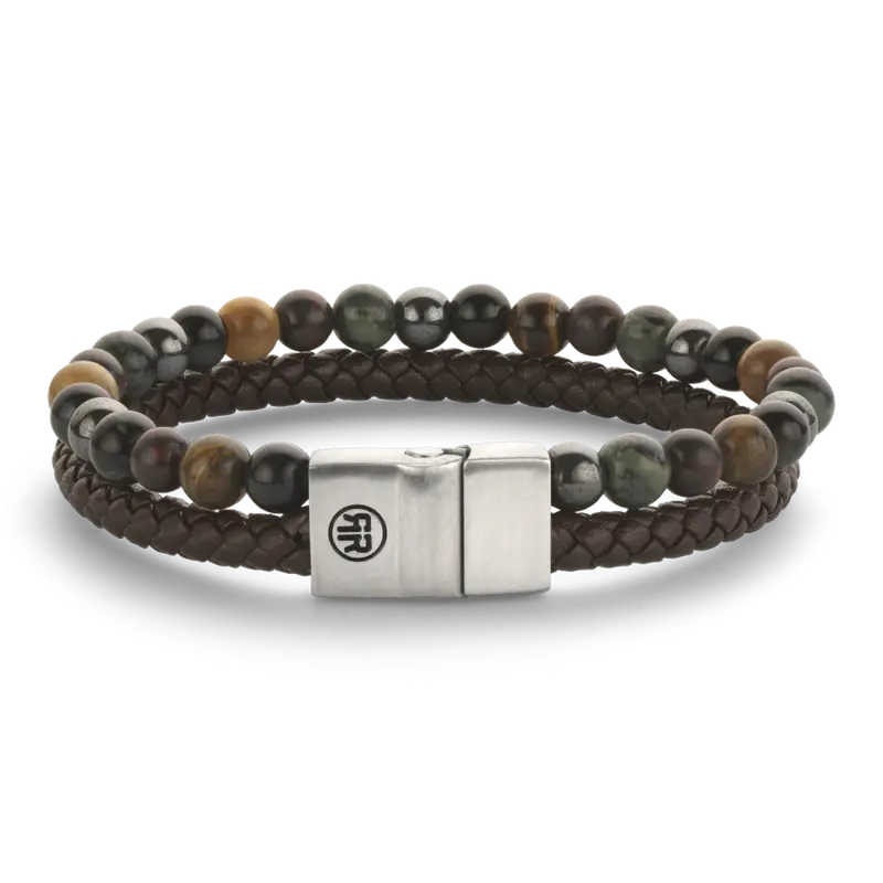 Rebel & Rose Full Metal Leather 12mm Armband RR-M0071-S Bruin/beige, groen en zwart