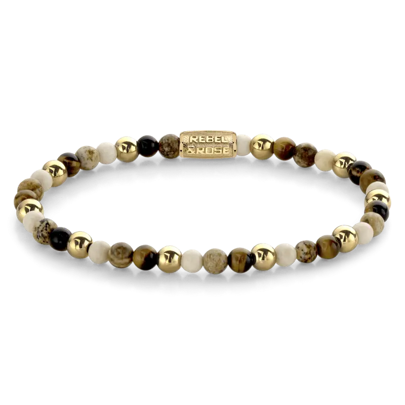 Rebel & Rose More Balls Than Most 4mm Armband RR-40057-G – Bruin/Beige/Geelgoud
