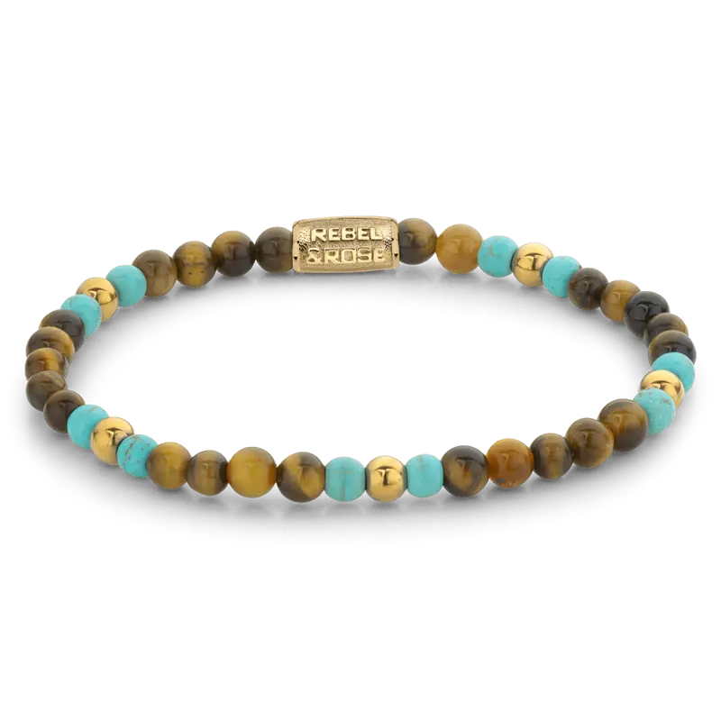 Rebel & Rose More Balls Than Most 4mm Armband RR-40063-G – Bruin/Turquoise/Goud-kleur