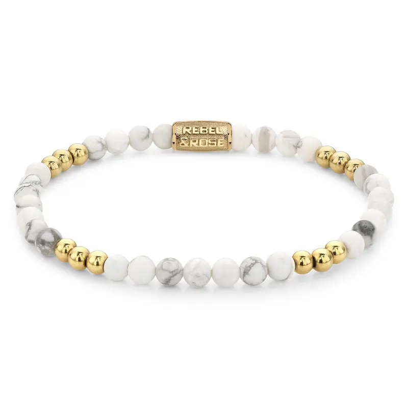 Rebel & Rose More Balls Than Most 4mm Armband RR-40110-G – Wit met grijze aders, goudkleurige stalen beads