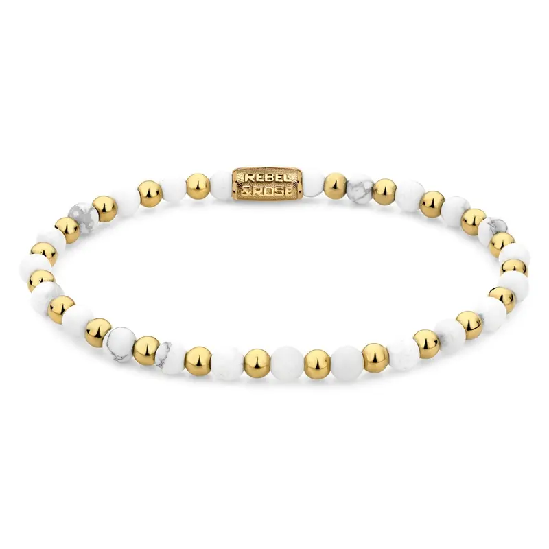 Rebel & Rose More Balls Than Most 4mm Armband RR-40113-G – Wit met grijze aders, goudkleurige stalen beads