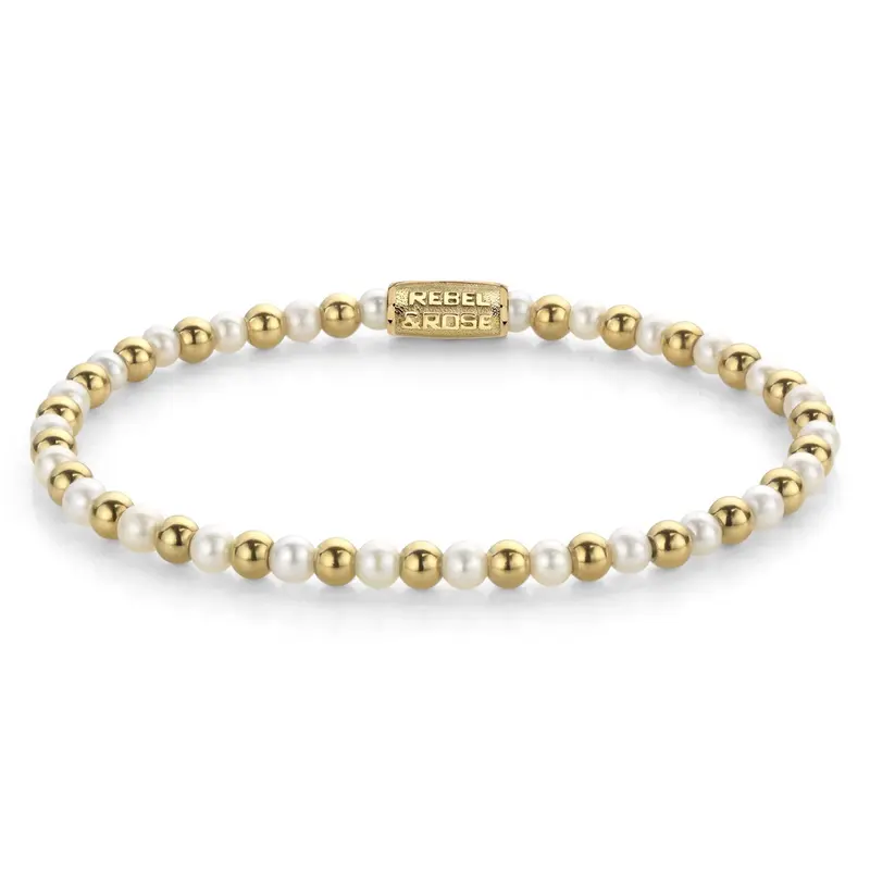 Rebel & Rose More Balls Than Most 4mm Armband RR-40126-G – Witte parels, goudkleurige stalen beads