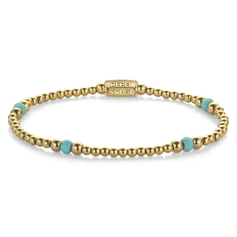 Rebel & Rose More Balls Than Most 4mm Armband RR-40142-G – Turquoise, goudkleurige stalen beads