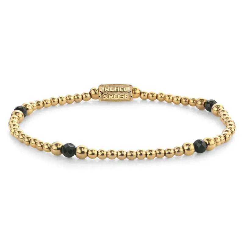 Rebel & Rose More Balls Than Most 4mm Armband RR-40155-G – Zwart, goudkleurige stalen beads