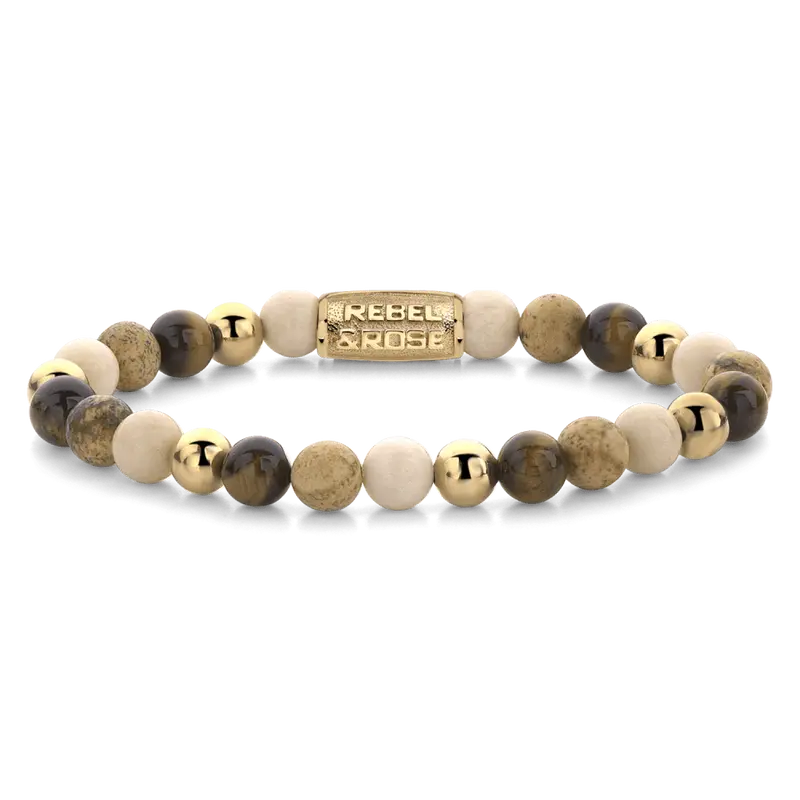 Rebel & Rose More Balls Than Most 6mm Armband RR-60044-G – Bruin/Geel, Roomwit en Geel-goud