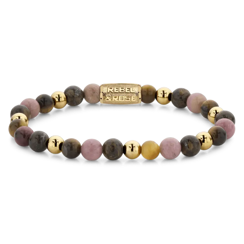 Rebel & Rose More Balls Than Most 6mm Armband RR-60060-G – Bruin, roze, geel en geel-goud