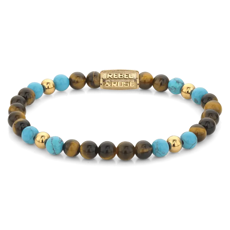 Rebel & Rose More Balls Than Most 6mm Armband RR-60104-G – Bruin/Turquoise/Goud-kleur