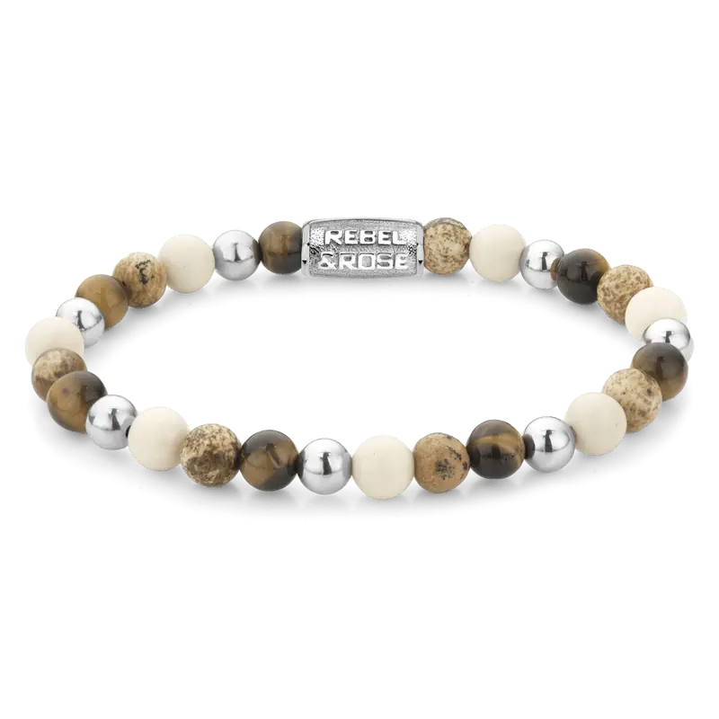 Rebel & Rose More Balls Than Most 6mm Armband RR-60108-S – Bruin/Geel, Roomwit en Zilver