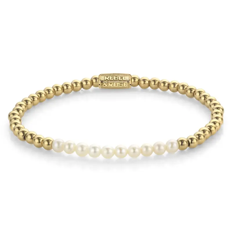 Rebel & Rose Stones Only 4mm Armband RR-40127-G – Witte parels, goudkleurige stalen beads