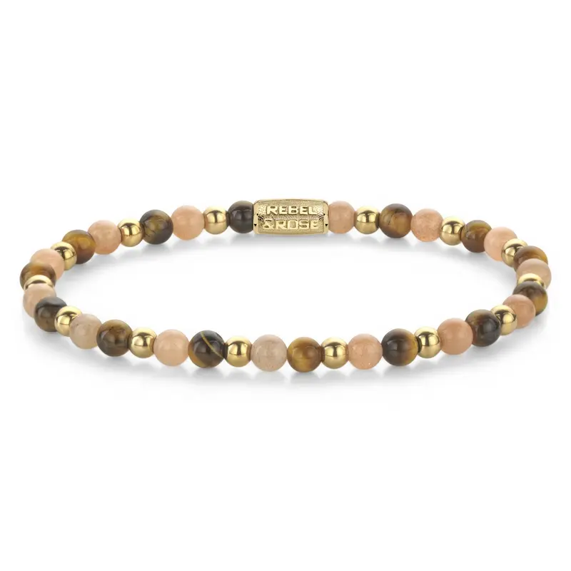 Rebel & Rose Stones Only 4mm Armband RR-40140-G – Oranje, goudkleurige stalen beads, bruin