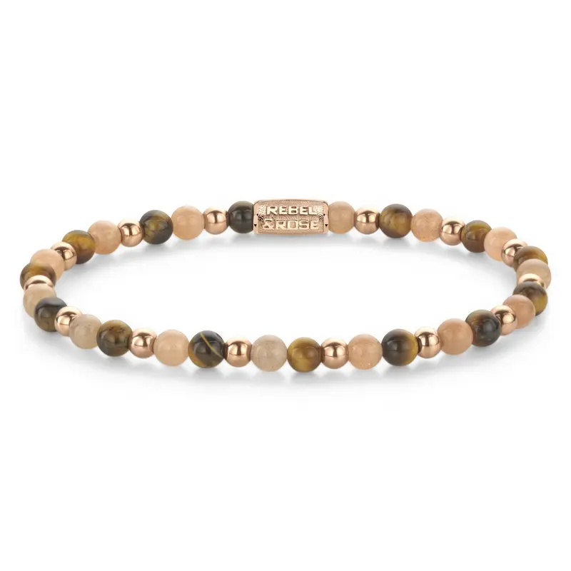Rebel & Rose Stones Only 4mm Armband RR-40141-R – Oranje, rosegoudkleurige stalen beads, bruin