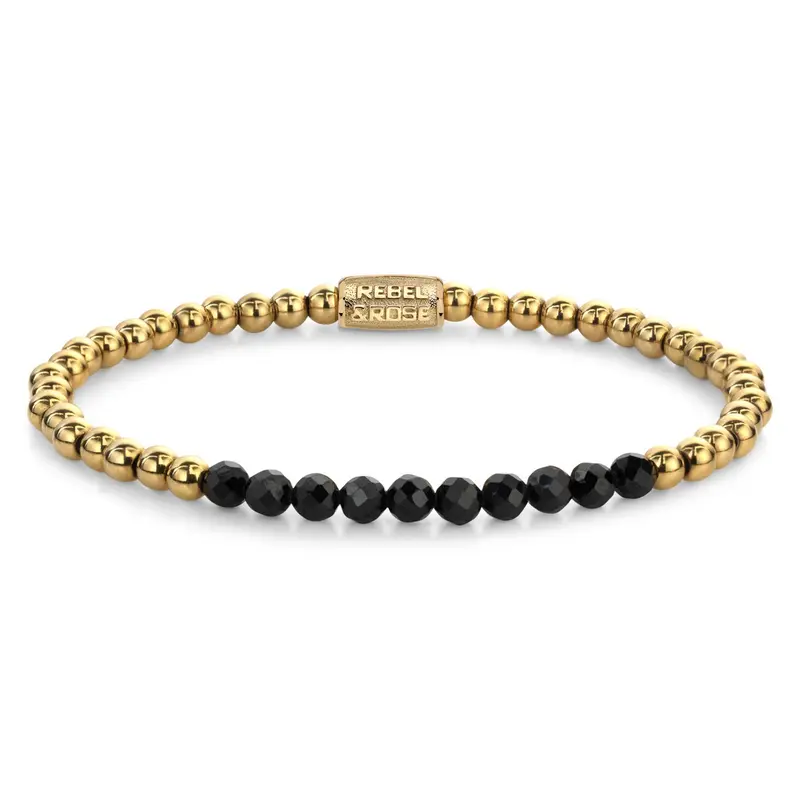 Rebel & Rose Stones Only 4mm Armband RR-40152-G – Zwart, goudkleurige stalen beads