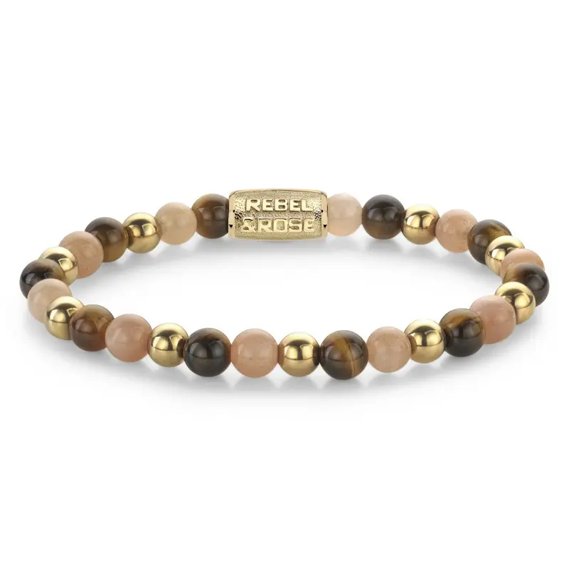 Rebel & Rose Stones Only 6mm Armband RR-60129-G – Oranje, goudkleurige stalen beads, bruin