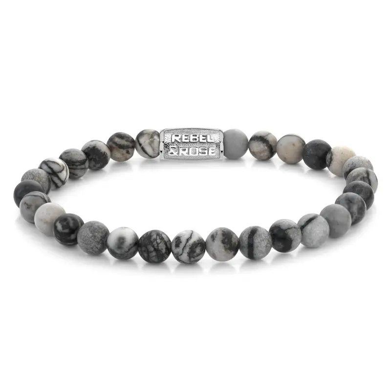 Rebel & Rose Stones Only 6mm Armband RR-60140-S – Zwart/grey met witte vlekken