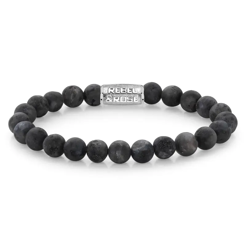Rebel & Rose Stones Only 8mm Armband RR-80025-S – Grijs met zwarte aders - mat