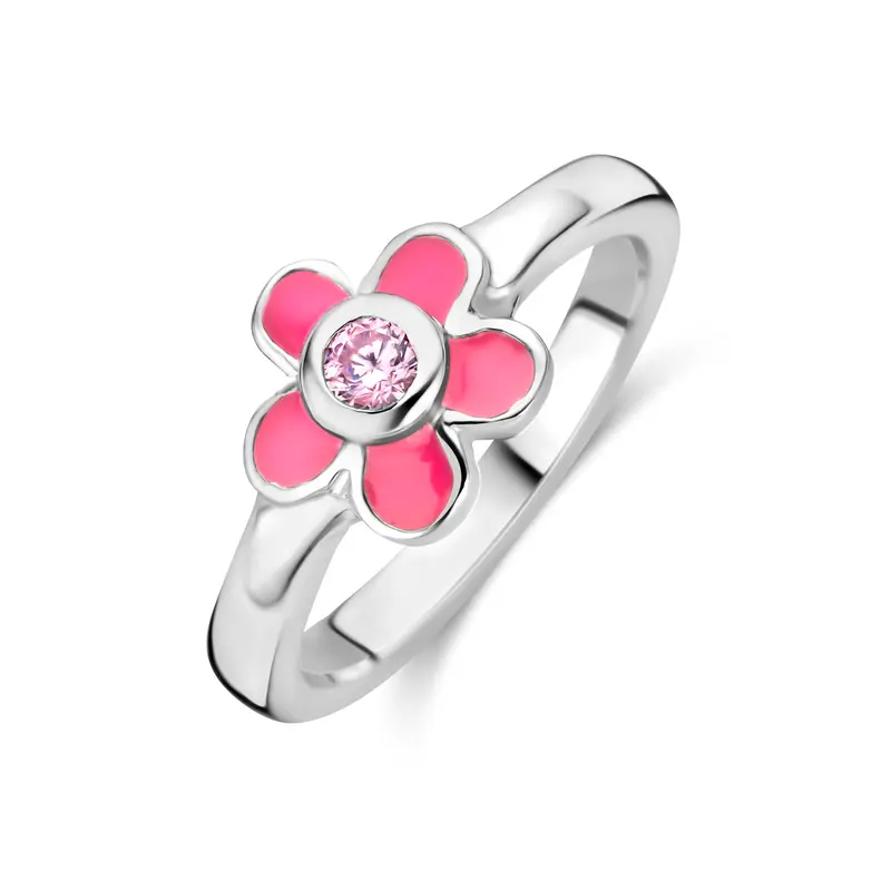 Ring bloem roze zirkonia emaille zilver gerhodineerd – 1324619