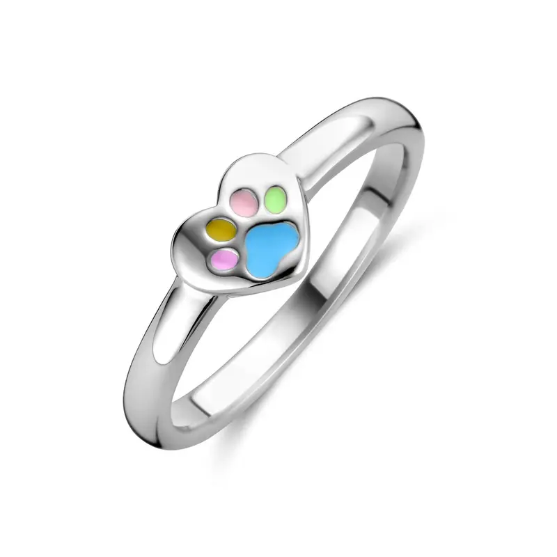 Ring emaille hartje hondenpoten zilver