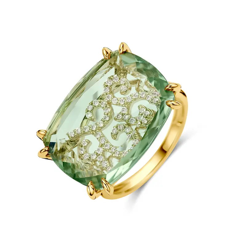 Ring groen amethist en diamant 0.79ct h si 14K geelgoud