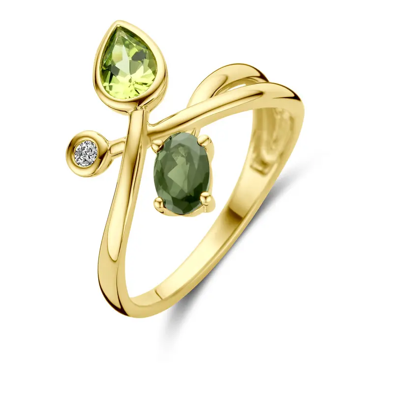 Ring groen toermalijn, peridot en diamant 0.03ct h si 14K geelgoud