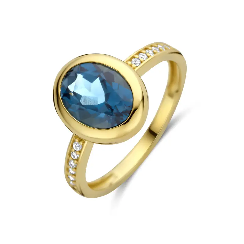 Ring london blue topaas diamant 0.07ct h si 14K geelgoud