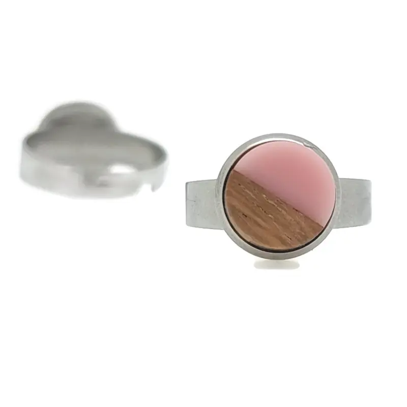 Ring RVS - Hout en resin licht roze