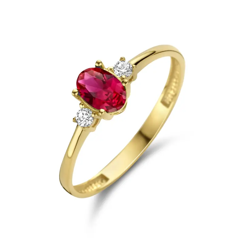 Ring trilogie rood en wit zirkonia 14K geelgoud