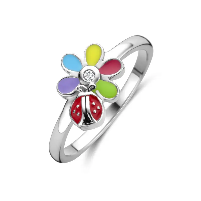 Ring zirkonia emaille bloem en lieveheersbeestje zilver
