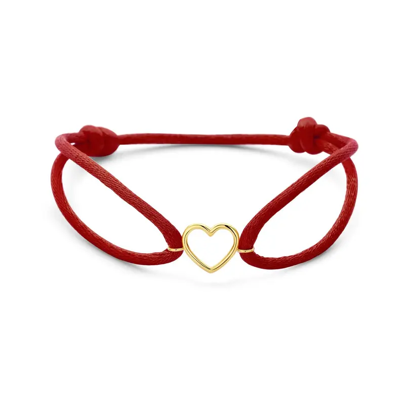 Rood satijn armband met 14k geelgouden hartje