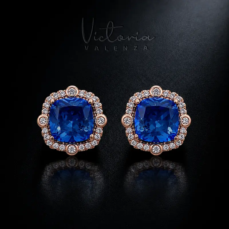 Roségoudkleurige Azurea Luxe Oorknoppen met Blauwe Zirkonia