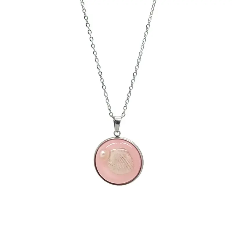 RVS Ketting - Schelp roze