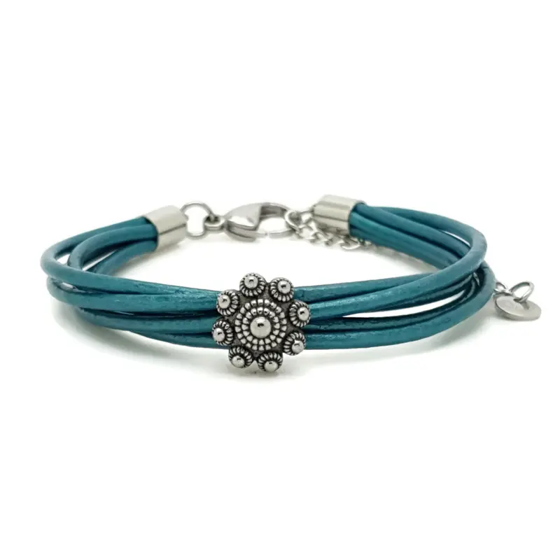 RVS Zeeuwse knop armband - Blauw groen metallic leer