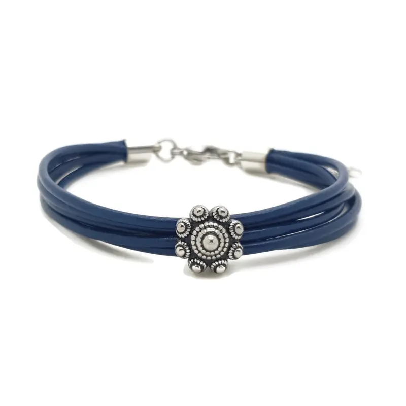 RVS Zeeuwse knop armband - Blauw leer